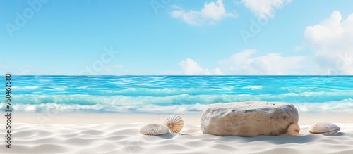 Serene Beach Scene with Abstract Stone Podium on Summer Sand near Tropical Sea