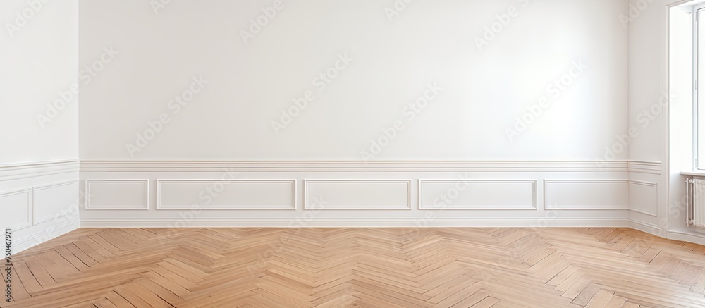 Fototapeta premium Minimalist Interior Design: Serene Empty Room with Elegant Parquet Flooring and White Walls