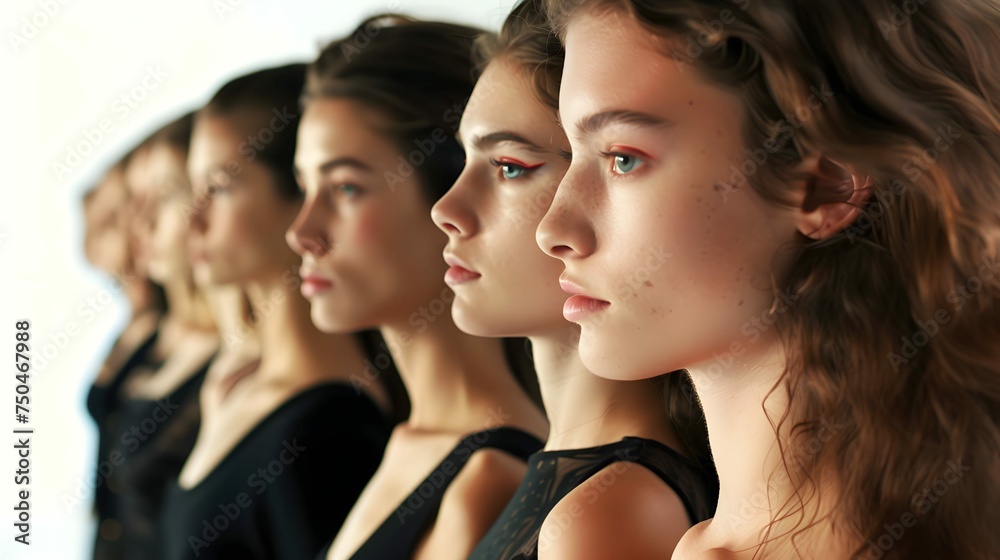 Brunette fashion model in a long line of fashion models waiting on a casting