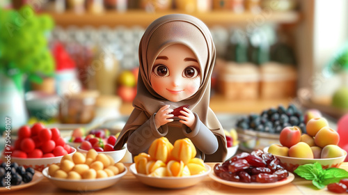Illustration of a cute girl with fruits plates in the kitchen