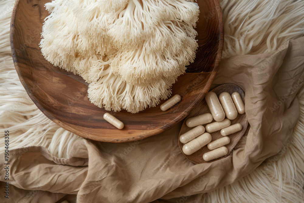 overhead flat lay view of lions mane mushroom with vitamin supplement tablets - obrazy, fototapety, plakaty 