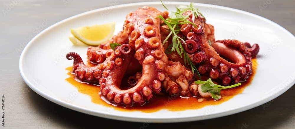 Deliciously prepared octopus served on a white plate with flavorful sauce and zesty lemon wedge Deliciously prepared octopus served on a white plate with flavorful sauce and zesty lemon wedge