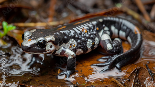 A salamander in its natural habitat, glistening with raindrops.