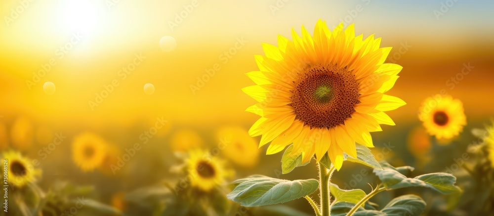 Fototapeta premium Vibrant Sunflowers in the Field Bask in the Warm Glow of Sunset