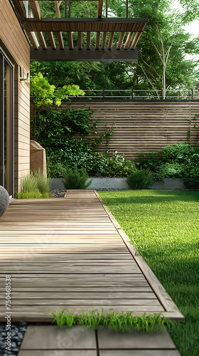 wood deck and grassy area with wooden fences