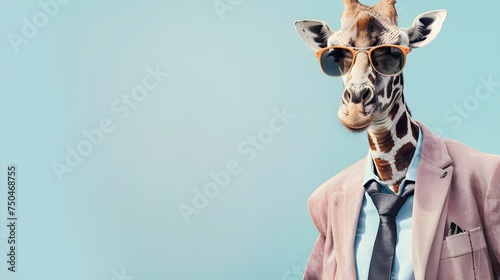 Cool looking giraffe wearing funky fashion dress - jacket, shirt, tie, sunglasses. Wide banner with space for text at side. Stylish animal posing