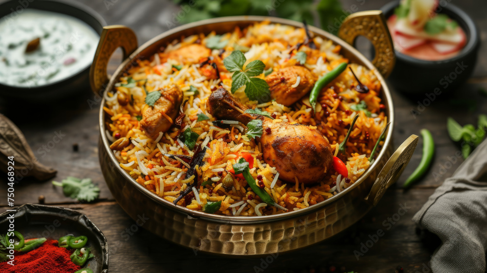 Chicken Biryani, bursting with spices and herbs, served in a large brass pot, capturing the essence of traditional Indian cuisine. Perfect visual for a cultural gastronomy article Chicken Biryani, bursting with spices and herbs, served in a large brass pot, capturing the essence of traditional Indian cuisine. Perfect visual for a cultural gastronomy article