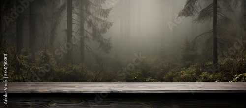 Tranquil Wooden Desk Overlooking Serene Forest Landscape
