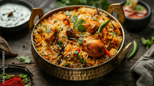 Chicken Biryani  bursting with spices and herbs  served in a large brass pot  capturing the essence of traditional Indian cuisine. Perfect visual for a cultural gastronomy article