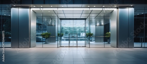 Urban Elegance: Glass Doorway Adorned with Lush Potted Plant in a Modern Office Building
