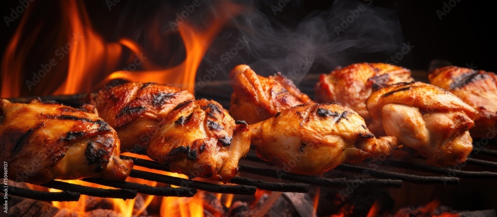 Flames engulf a variety of delicious grilled chicken cooking on the market stall