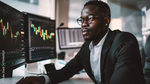 African american trader looking at monitor with stock market data in office