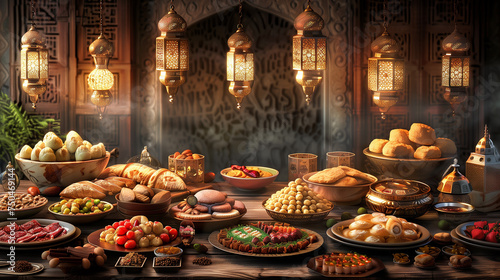 Ramadan kareem dinner wide image of table with filled of sehri food for muslim brothers and sisters