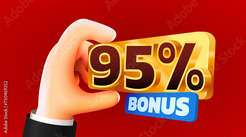 Cartoon hand hold 95 percents bonus. Cashback or prize concept.