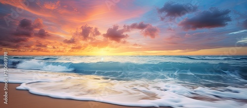 Serenity at Dusk: Mesmerizing Beach Sunset with a Calming Ocean Waves Backdrop
