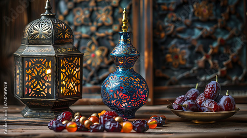 Wallpaper Mural Lantern with date bowl and attar bottle placed in the wooden table Torontodigital.ca