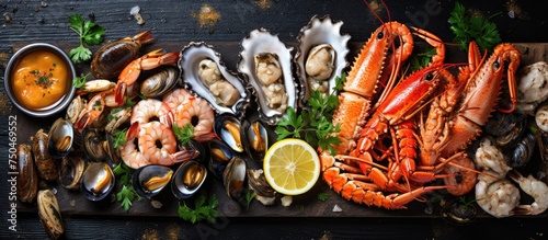 Fresh Seafood Selection on Wooden Cutting Board with Clams and Assorted Shellfish
