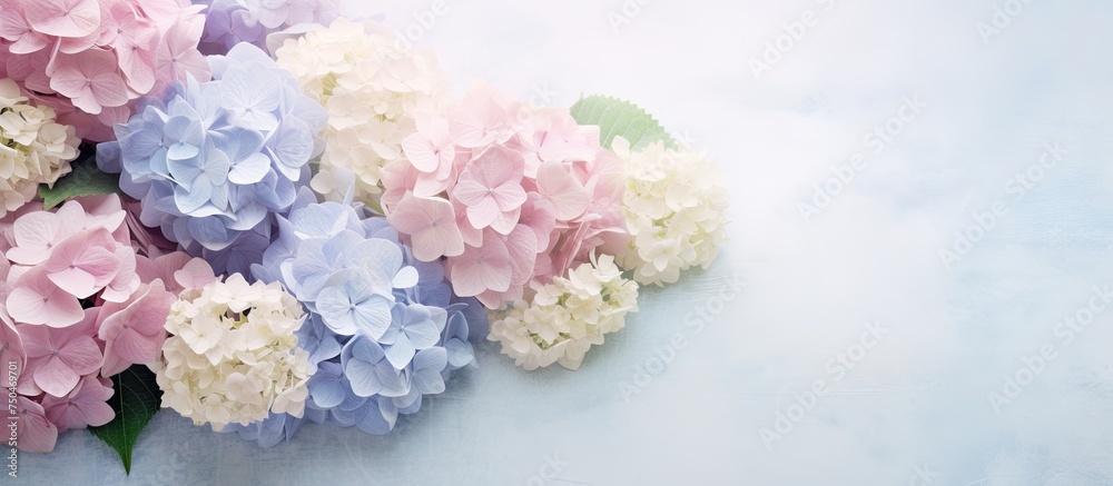 Fototapeta premium Ethereal Pink and Blue Hydrangeas in Soft Blur on Mulberry Paper Texture Background