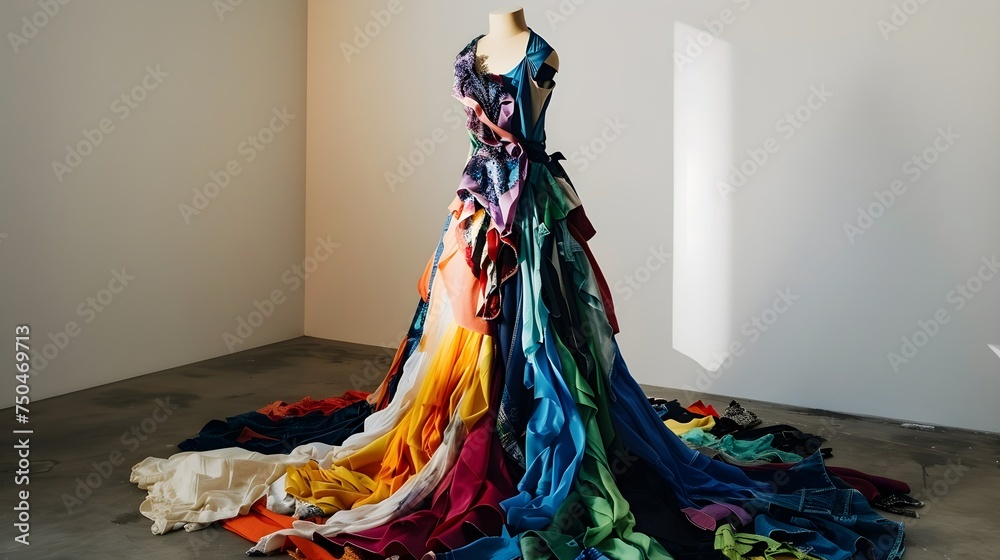 Dress made from clothes. Fast fashion pollution.