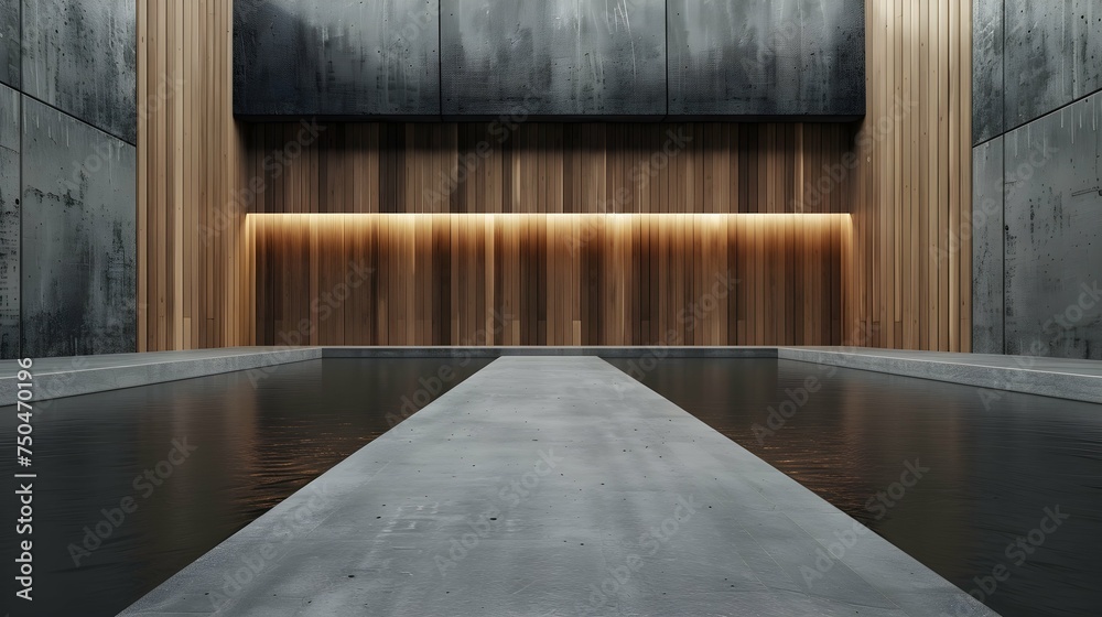 Empty dark abstract concrete and wood smooth interior. Architectural background. 3D illustration and rendering Empty dark abstract concrete and wood smooth interior. Architectural background. 3D illustration and rendering