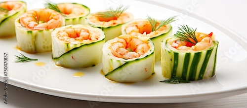 Delicious Cucumber Rolls with Shrimp and Cheese Served on Elegant White Plate