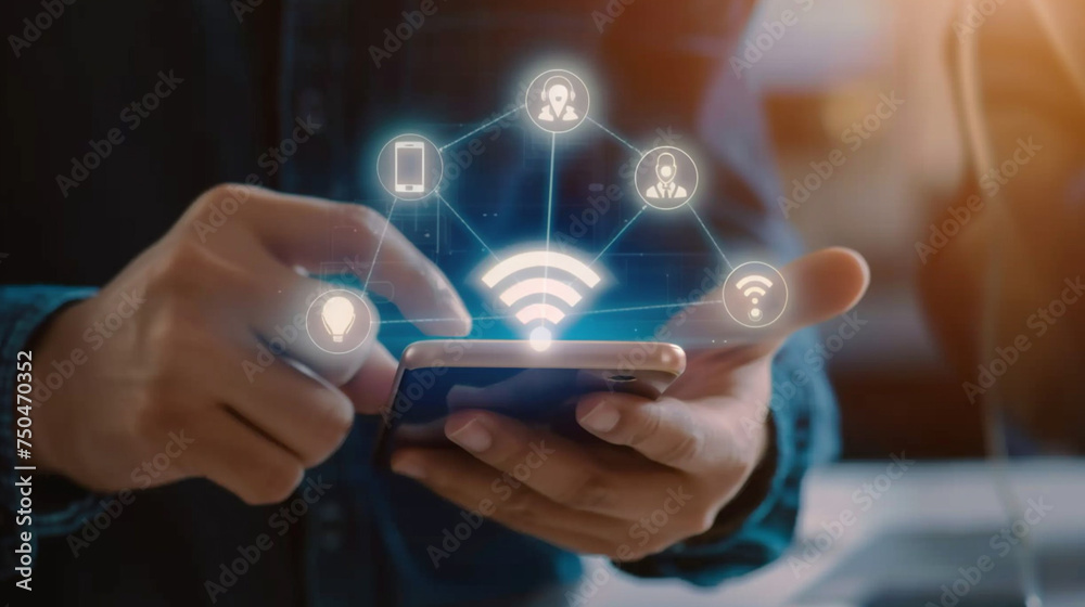 Man surf the internet from smartphone and wifi and technology hologram. Man surf the internet from smartphone and wifi and technology hologram.