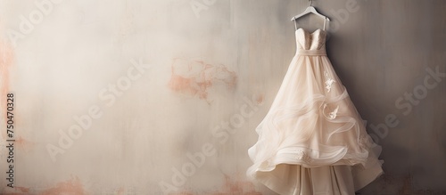 Elegant Bridal Gown Adorning a Wall, Symbol of Love and Romance for Wedding Day photo