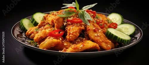 Delicious Salted Egg Chicken Dish with Fresh Cucumbers, Tomatoes, and Vibrant Spring Onions