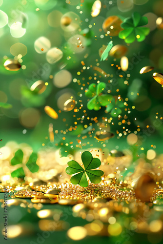 St. Patrick's Day Shamrock leaf falling with gold glitters . 3D render frame space for text