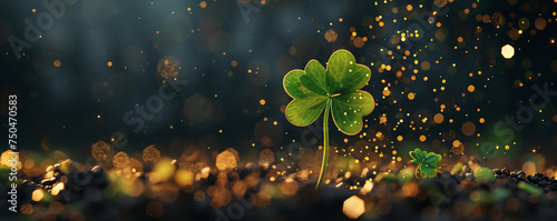 St. Patrick's Day Shamrock leaf falling with gold glitters . 3D render frame space for text