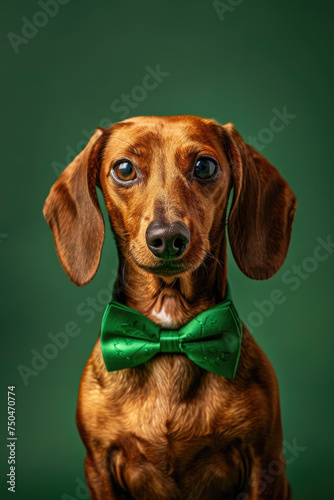 studio image of dachshund for St. Patrick's Day, wearing a green bowtie on green background © ebhanu