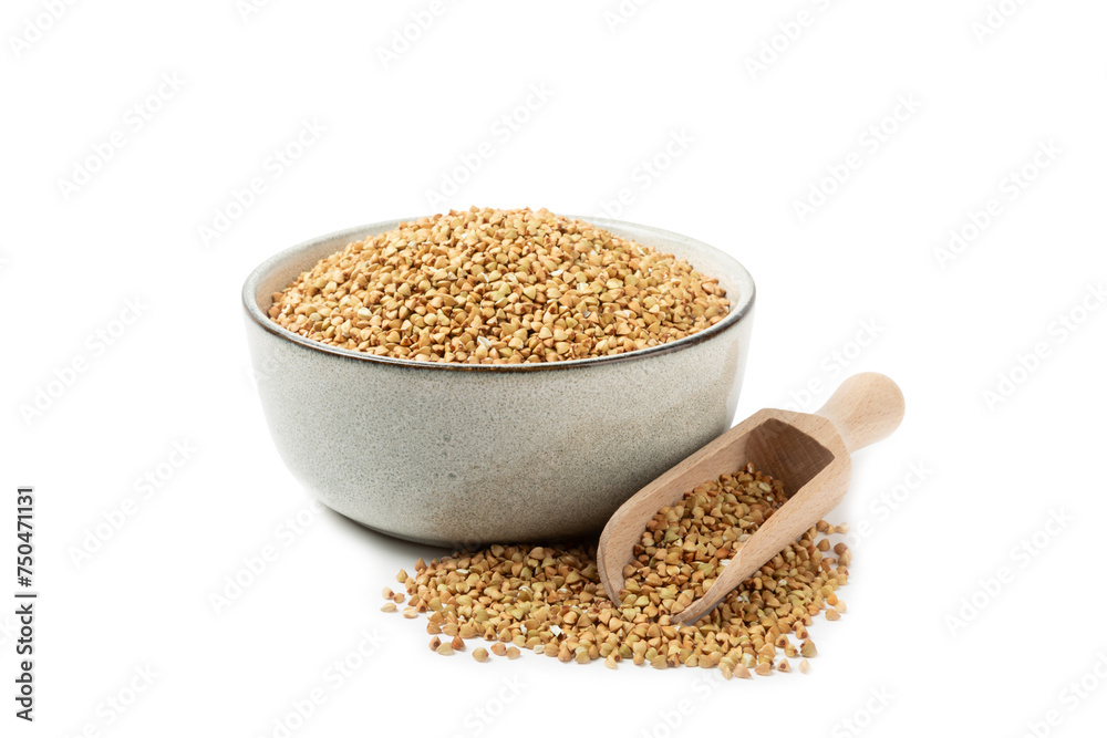Green buckwheat in a bowl isolated on a white background. Superfood. Raw buckwheat porridge. Healthy vegan food, eco products, diet, organic. Green buckwheat in a bowl isolated on a white background. Superfood. Raw buckwheat porridge. Healthy vegan food, eco products, diet, organic.