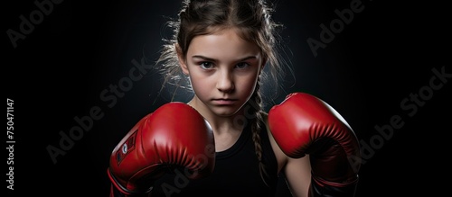 Empowered Young Girl in Boxing Gloves Ready for Action on Dark Background