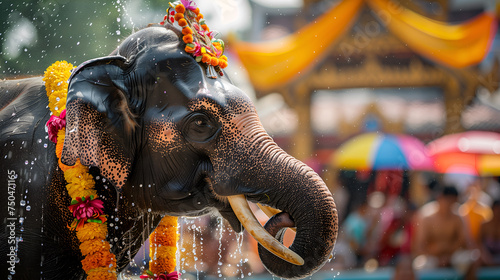 Decorated elephant with garland in Songkran festival at Thailand photo