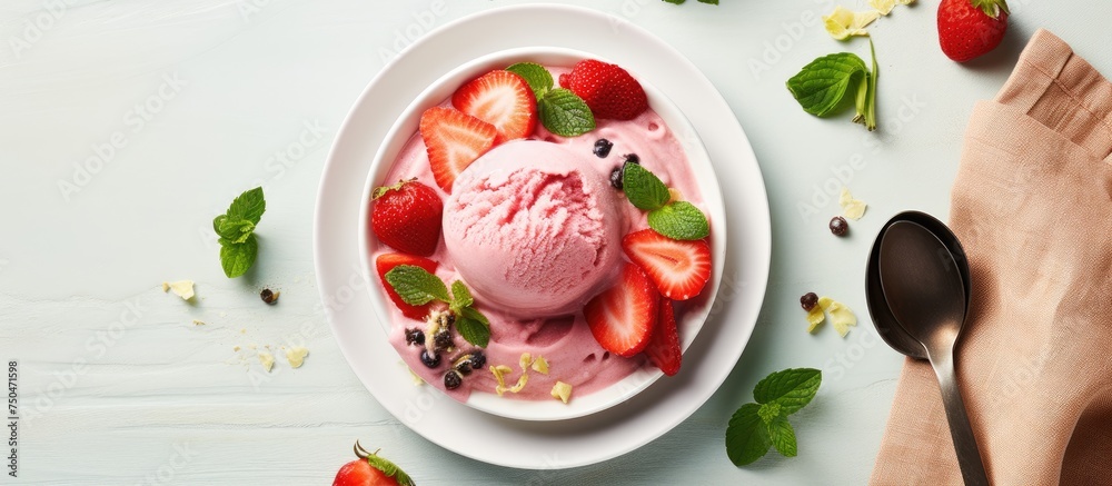 Delicious Strawberry Ice Cream Served with Fresh Fruit and Mint Leaves on Plate Delicious Strawberry Ice Cream Served with Fresh Fruit and Mint Leaves on Plate