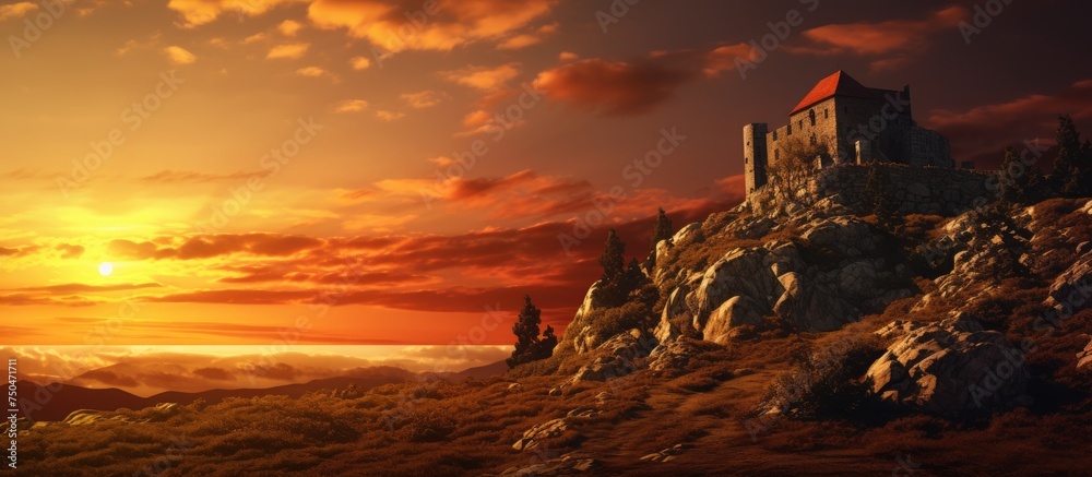 Majestic Medieval Castle Perched Atop a Mountain During Enchanting Sunset