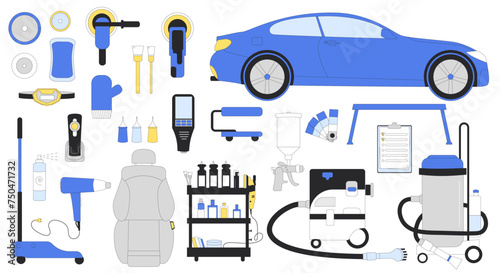 Car detailing equipment set. Vector illustration kit of isolated automobile service tools. Polish, vacuum wash painting waxing dry cleaning leather repair body and interior