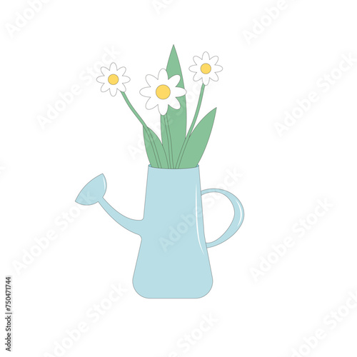 Spring watering can with bouquet of flowers. Vector flat illustration