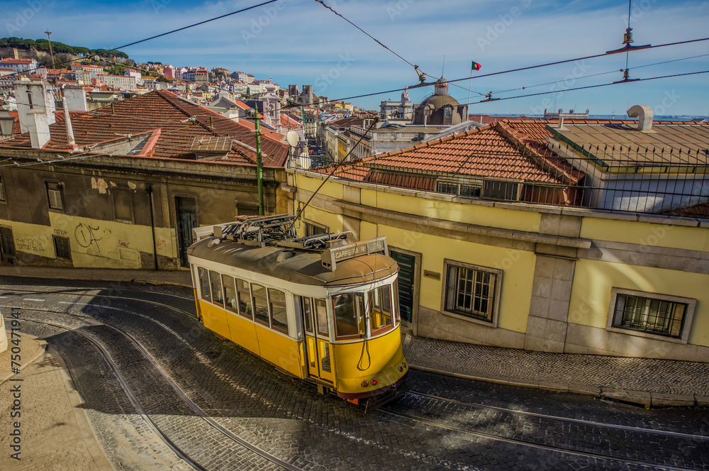 Tram in the Chiado neighborhood in Lisbon, Portugal