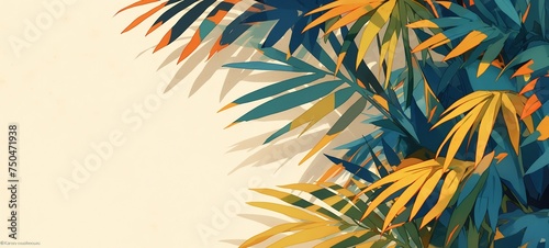 spring summer background illustration,  green tropical palm branch on background, shadow and light play style,  Ai Generated 