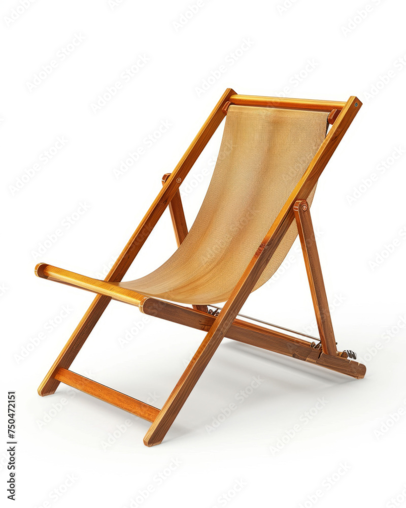 Wooden Sling Deck Chair, Foldable Relaxing Lounger on White Background