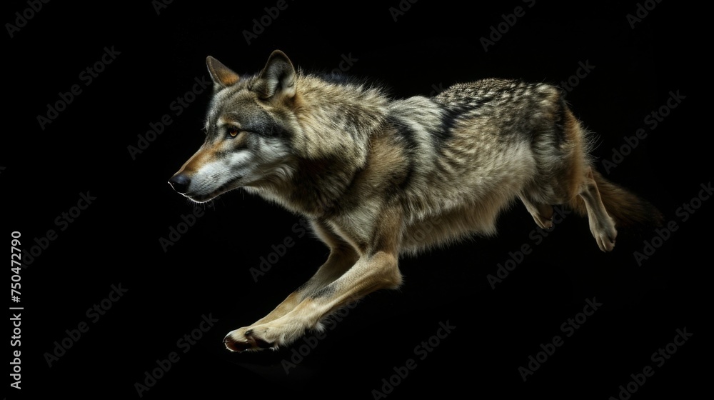 Fototapeta premium Wolf jump on a black background. Flying animal.