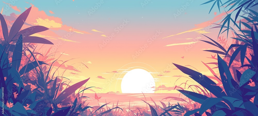 spring summer background illustration,  sunset at horizon with tropical leaf grass as foreground, Ai Generated