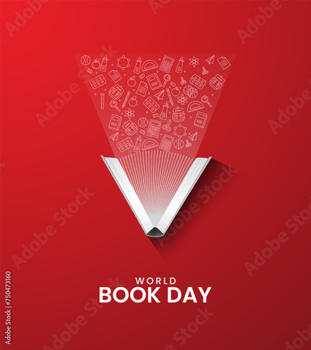 World book day, open book with flying education instrument,  International literacy day, book, calculator, pen, apple and education icon, design for banner, poster, 3D Illustration.