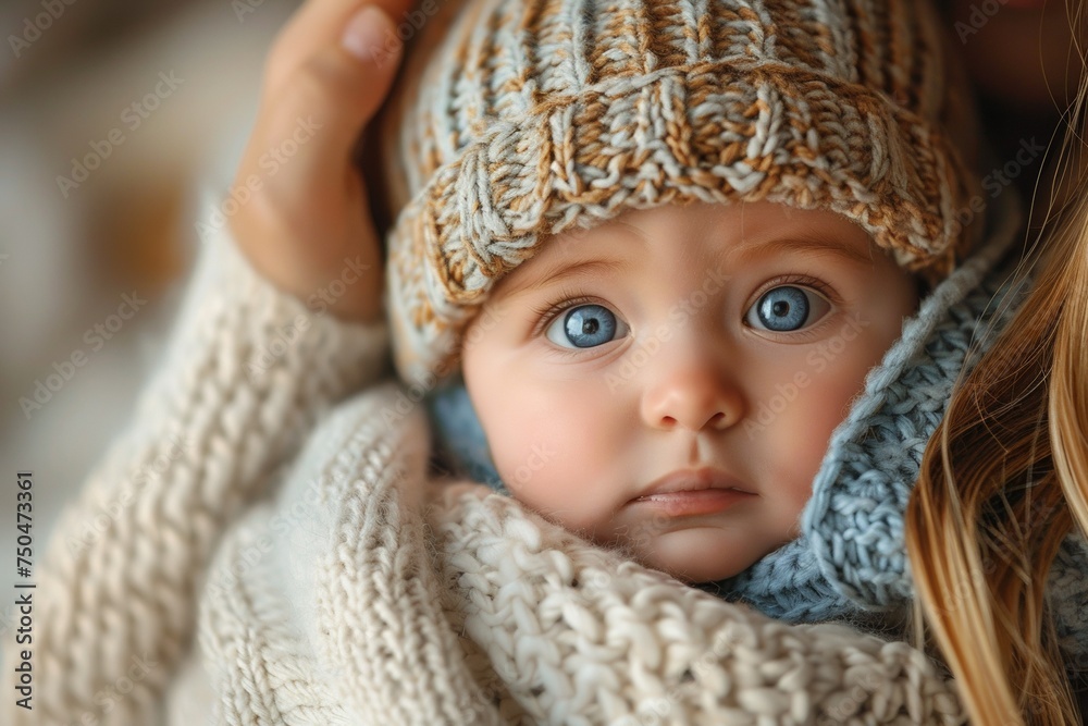 A cute infant girl in knitted wear and a hat, lying peacefully, portraying innocence and winter warmth. A cute infant girl in knitted wear and a hat, lying peacefully, portraying innocence and winter warmth.