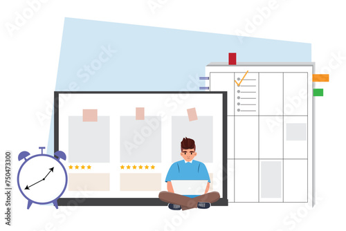  Man sitting on the floor with a laptop and organising work. Time management .