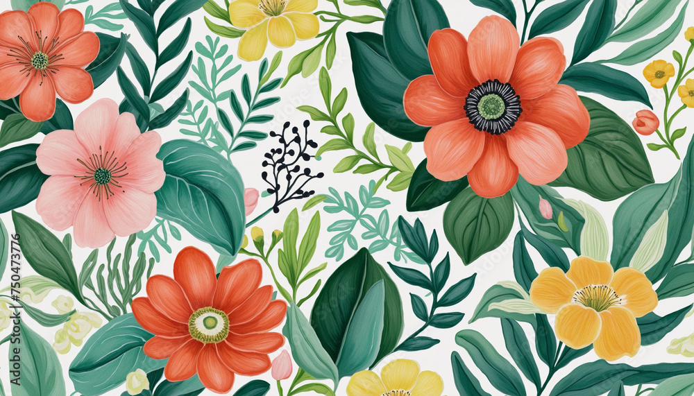 Abstract watercolor flower nature art seamless pattern illustration. Modern hand drawn floral painting, spring acrylic paint drawing background. Green color flowers wallpaper print.