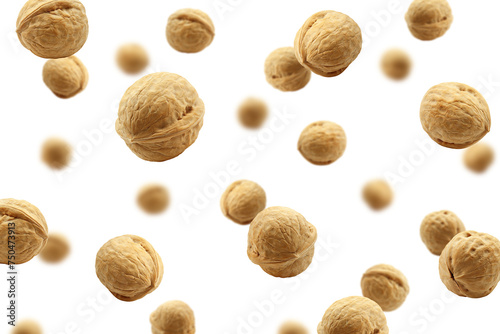 Falling Walnut, nut, isolated on white background, selective focus