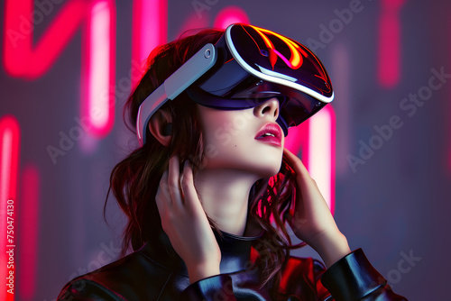 Young woman wearing a mixed reality headset and experiencing simulation, metaverse and cyberspace. © ZayNyi
