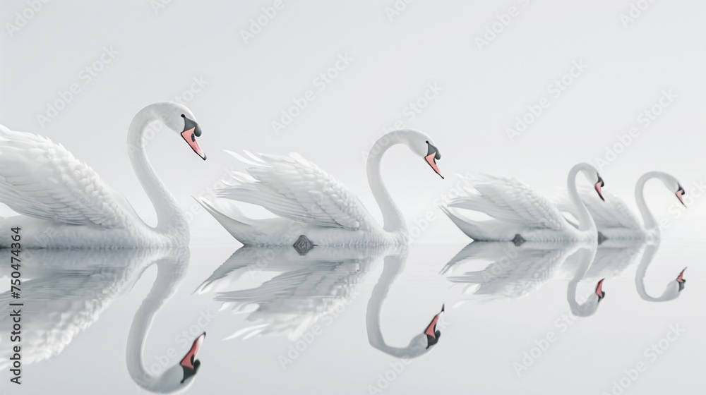 Fototapeta premium A group of elegant swans gliding gracefully on a calm lake, their white feathers mirrored against a pure white background.
